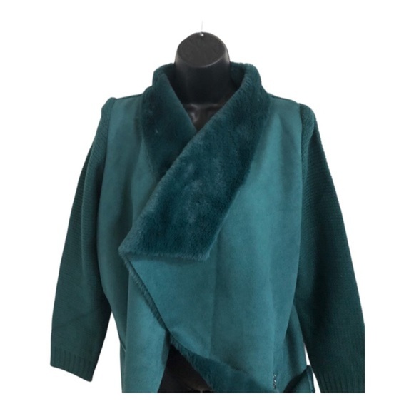Green faux fur shawl collar textured knit cardigan jacket shacket size Medium - Picture 6 of 13